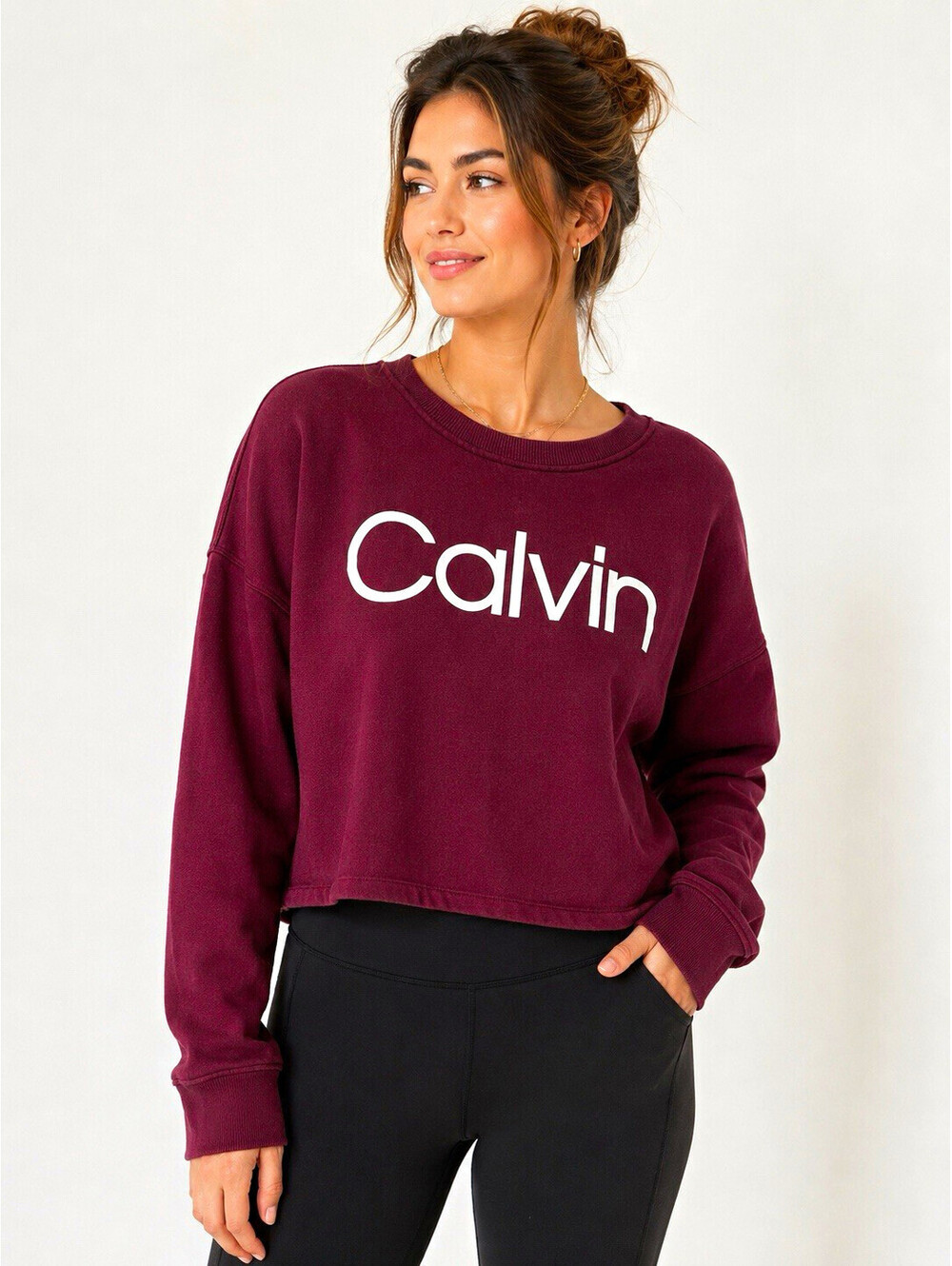 Calvin Klein Women’s Burgundy Logo Fleece Crewneck Pullover Sweatshirt L